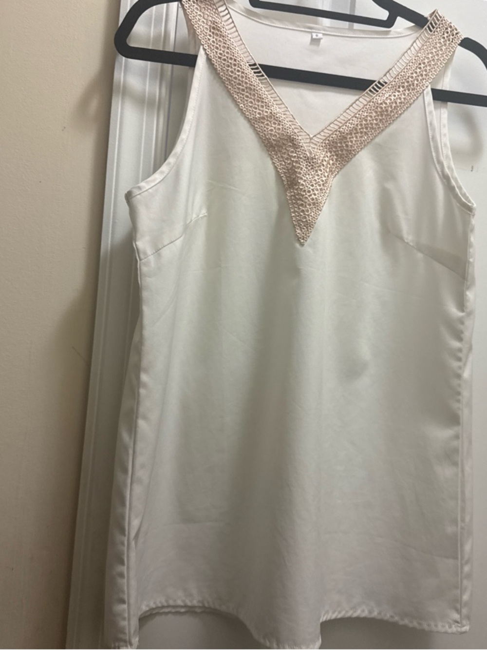White Sleeveless V-Neck Tank with Blush Crochet Trim